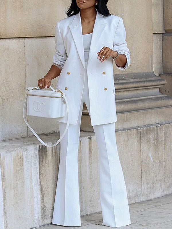 Women's Two-Piece Pantsuit Set, Office Blazer, Double-Breasted, Lapel Collar, Long Sleeve, Elegant