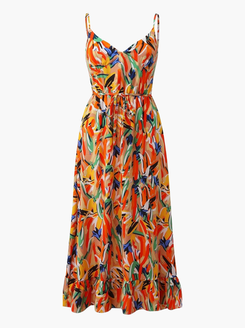 Women's Printed Midi Dress with Tie Waist and Wrap Front