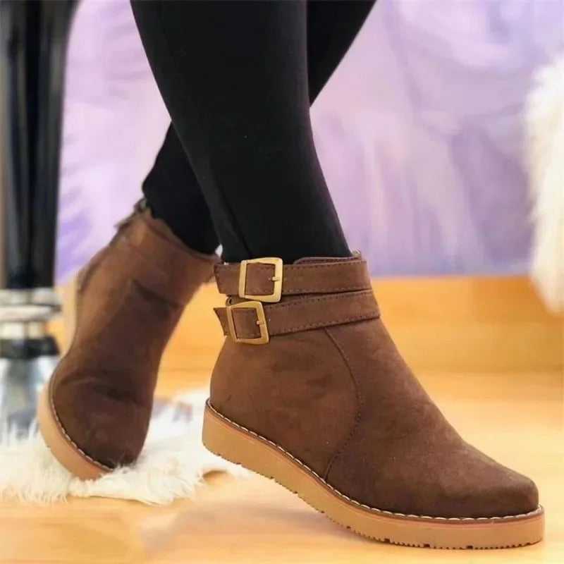 Women's Ankle Boots with Double Buckle Straps and Flat Sole