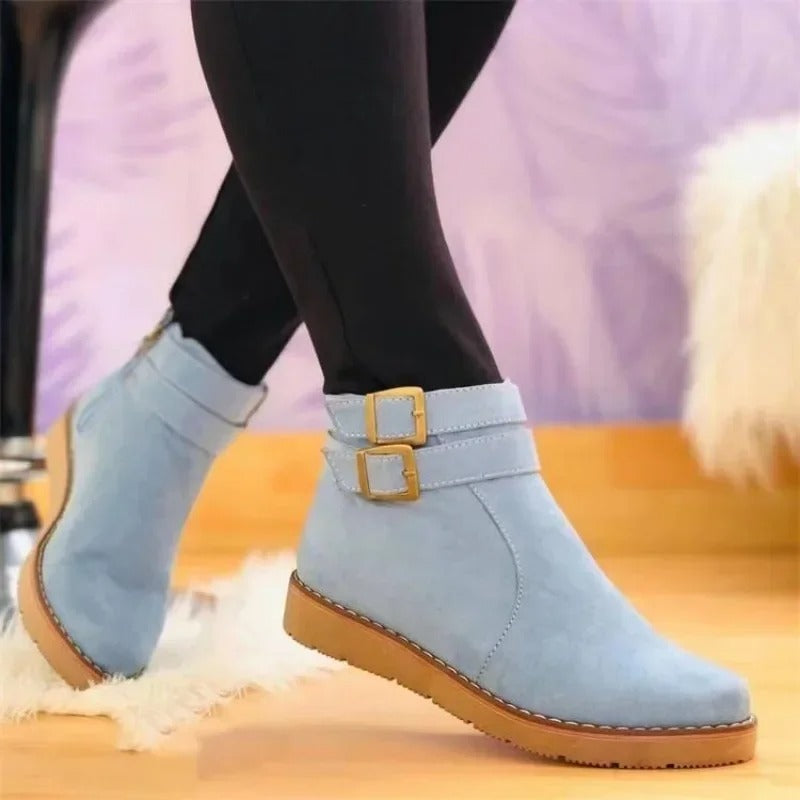 Women's Ankle Boots with Double Buckle Straps and Flat Sole