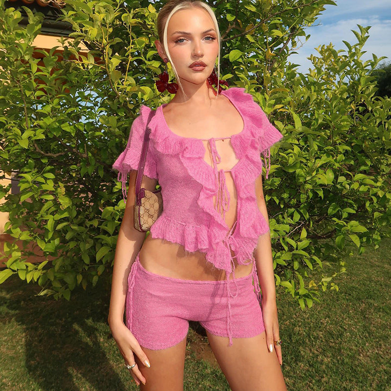 Women's Short Sleeve Lace Top with Ruffles