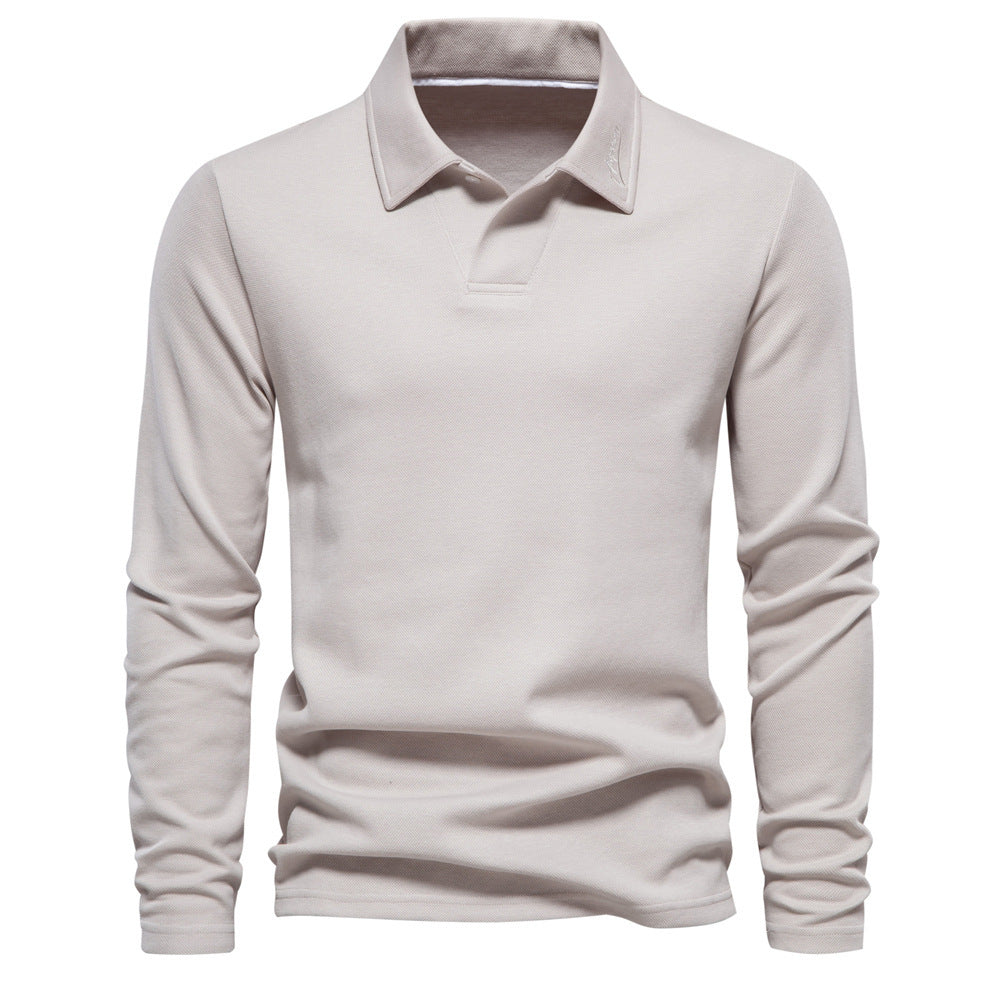 Men's long-sleeved polo shirt with open V-neck, slim fit and tone-on-tone collar embroidery StylebySassy
