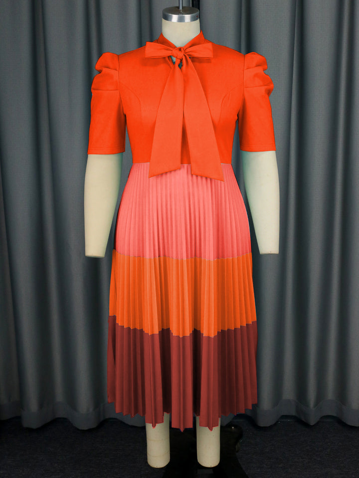 Women Elegant Pleated Dress with Bow Collar StylebySassy