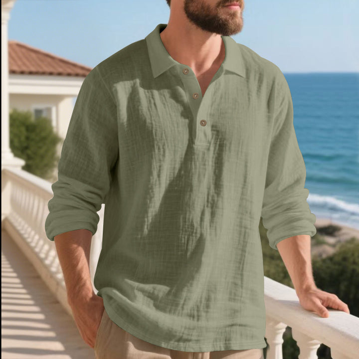 Men's casual linen henley shirt with polo collar and triple button placket StylebySassy