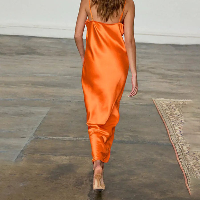 Ladies Elegant Satin Maxi Dress with Transparent Lace StylebySassy