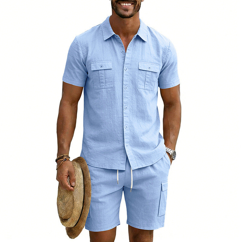 Men's summer leisure set made of cotton-linen blend with short-sleeve shirt and cargo shorts StylebySassy