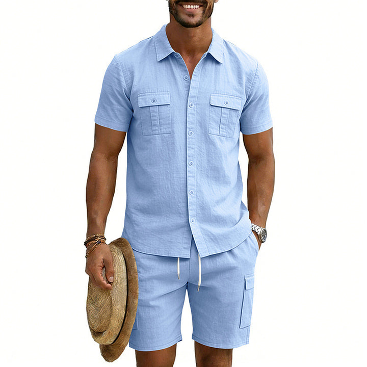 Men's summer leisure set made of cotton-linen blend with short-sleeve shirt and cargo shorts StylebySassy