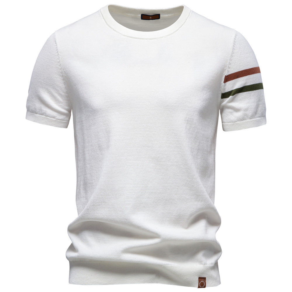 Men's fine cotton knit shirt with round neckline, short sleeves and contrasting sleeve stripes StylebySassy