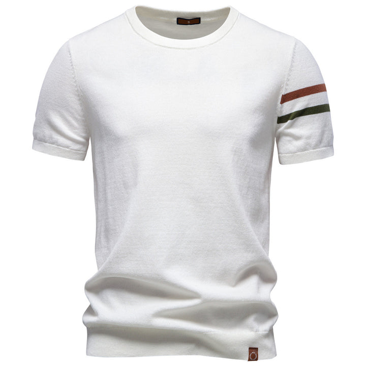 Men's fine cotton knit shirt with round neckline, short sleeves and contrasting sleeve stripes StylebySassy