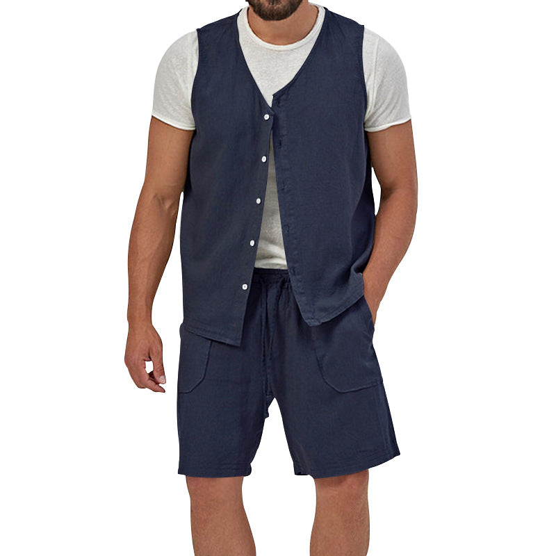 Men's two-piece leisure set with sleeveless button vest and wide drawstring shorts with patch pockets StylebySassy