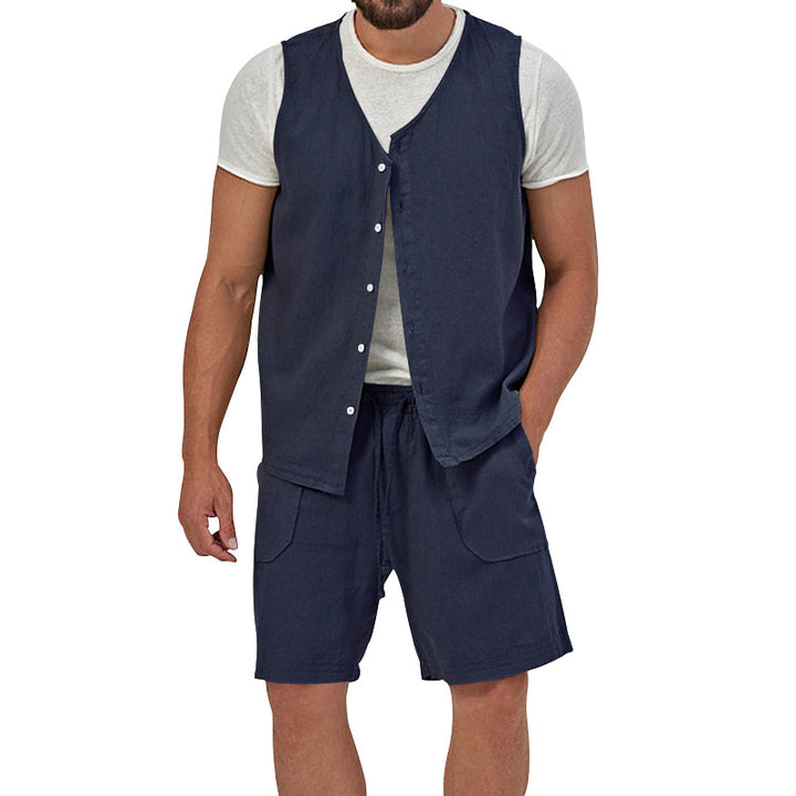 Men's two-piece leisure set with sleeveless button vest and wide drawstring shorts with patch pockets StylebySassy