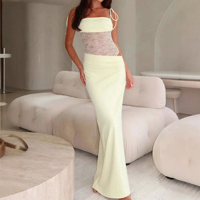 Women nan bandeau maxi dress with transparent lace corset and adjustable spaghetti straps StylebySassy