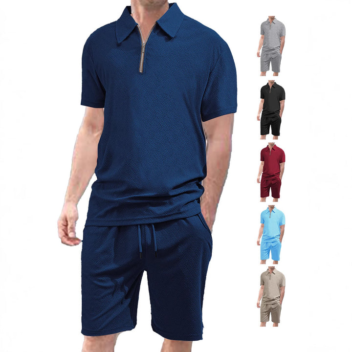 Men's comfortable short sleeve half zip set with polo collar and elastic cord pants made of textured knit StylebySassy