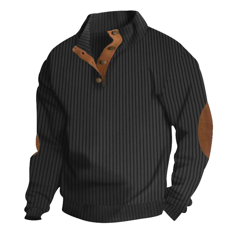 Men's structured ribbed pullover with short button collar and suede elbow patches StylebySassy