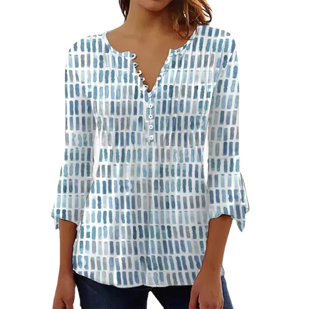 Women nan airy light watercolor print blouse shirt with Henley button placket and three-quarter bell sleeves StylebySassy