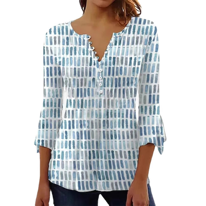 Women nan airy light watercolor print blouse shirt with Henley button placket and three-quarter bell sleeves StylebySassy