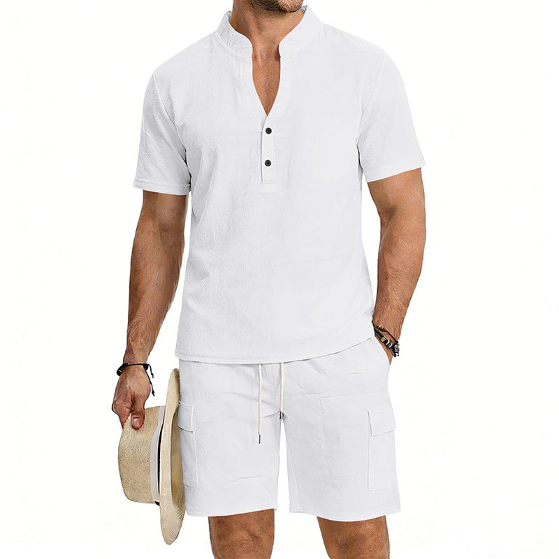 Men's lightweight short sleeve shirt with mandarin collar and half button placket StylebySassy