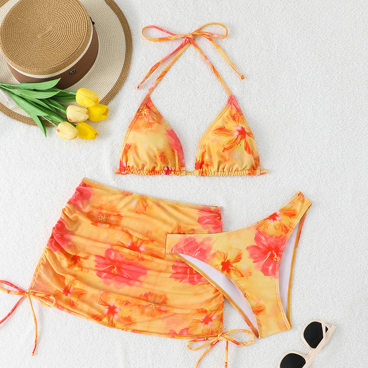 Women's Triangle Bikini Set with Adjustable Straps and Floral Wrap Skirt StylebySassy