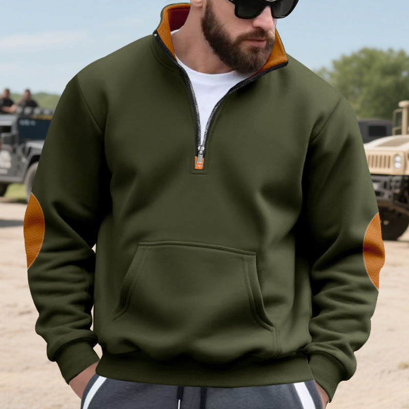 Men's Nano Insulated Half-Zip Pullover with Stand-Up Collar Fleece Lining Kangaroo Pocket and Suede Elbow Patches StylebySassy