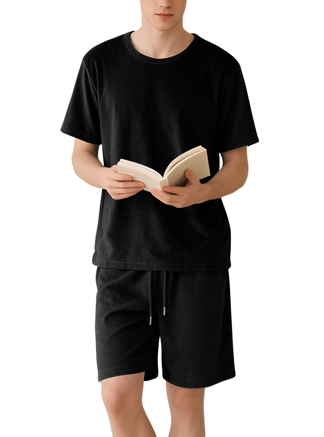 Men's velour lounge set with round neck short sleeve shirt and drawstring shorts StylebySassy