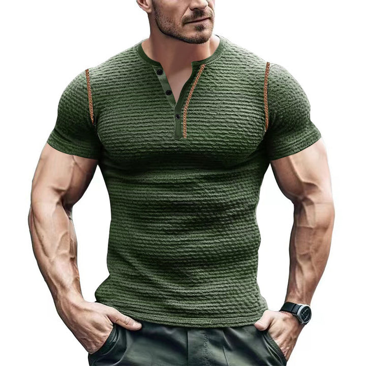 Men's structured short-sleeve henley with three-dimensional relief structure, reinforced button placket, and contrast piping StylebySassy