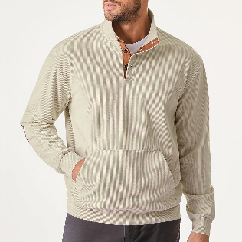 Men's knitted stand-up collar sweatshirt with button placket, kangaroo pocket and velvet elbow patches StylebySassy