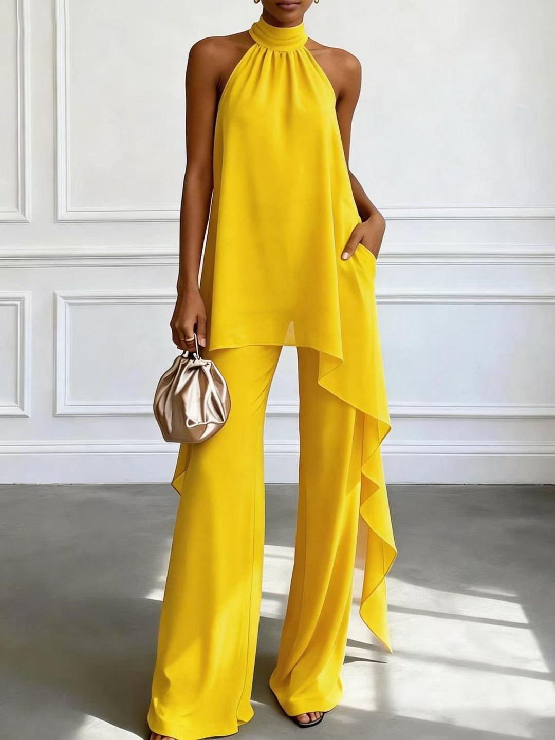 Ladies' elegant evening two-piece with gathered stand collar, asymmetrical ruffle, and flowing flared trousers StylebySassy