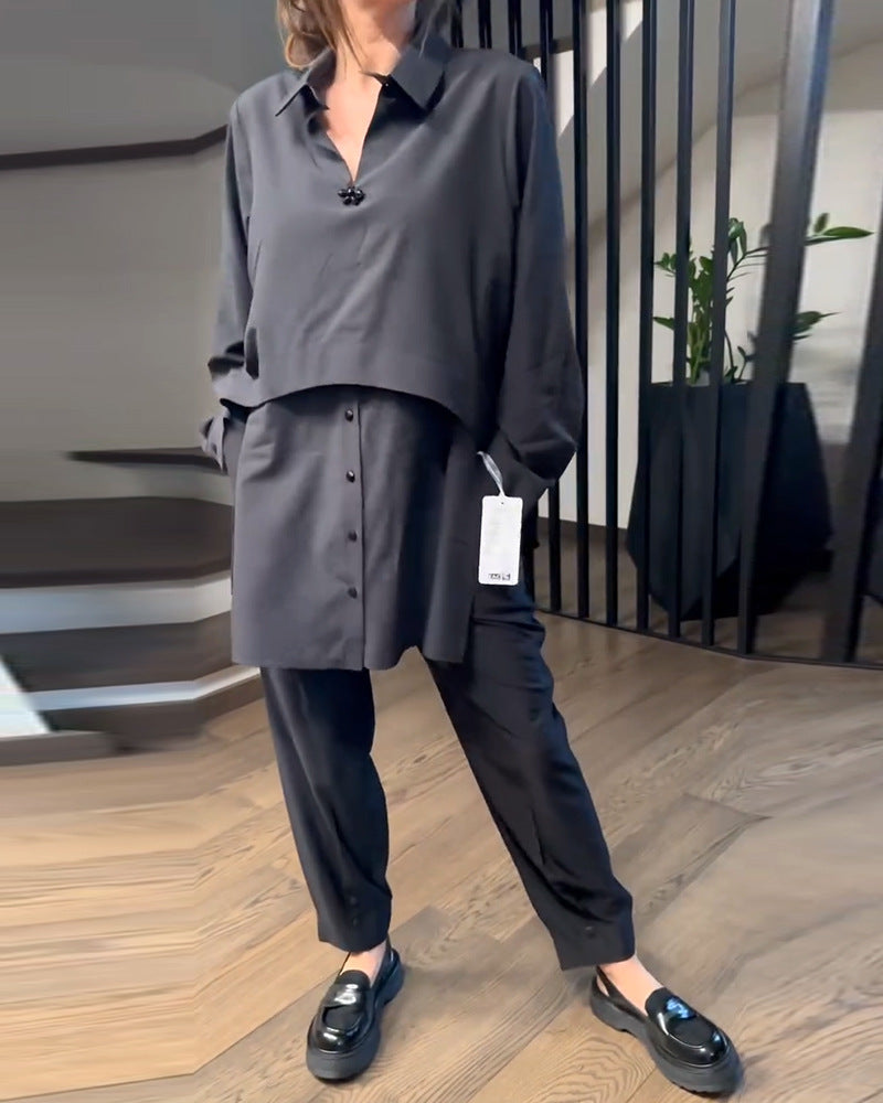 Women's Urban Layered Shirt Set with Overlapping Short Overlay and Tapered Pleated Trousers StylebySassy