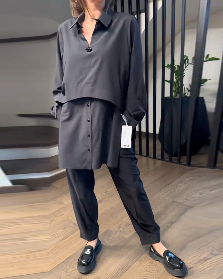 Women's Urban Layered Shirt Set with Overlapping Short Overlay and Tapered Pleated Trousers StylebySassy