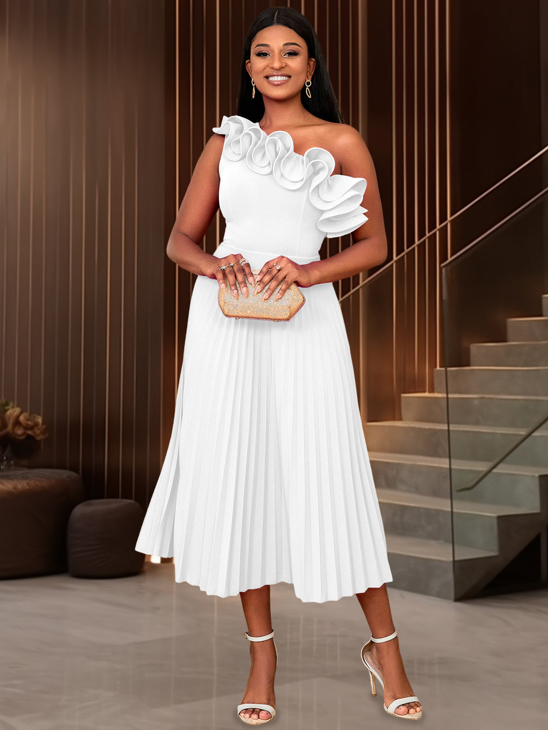 Women Folding Maxi Dress with Asymmetric Neckline and Ruffles