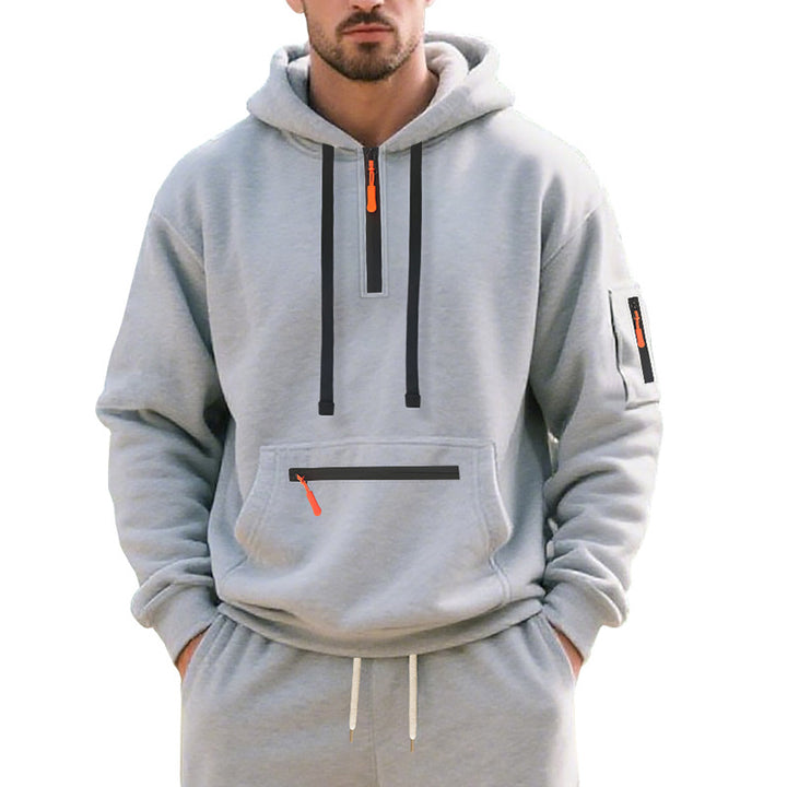 Men's half-zip hoodie with sealed zippers, kangaroo zip pocket, and arm pocket StylebySassy