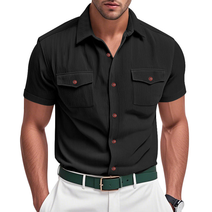 Men's casual short-sleeve shirt with lapel collar, patch flap pockets and fine pinstripe texture StylebySassy