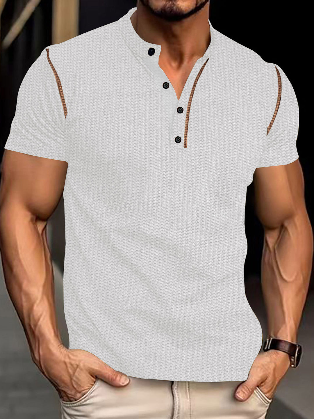 Men's tapered structured polo shirt with stand-up collar and decorative piping StylebySassy