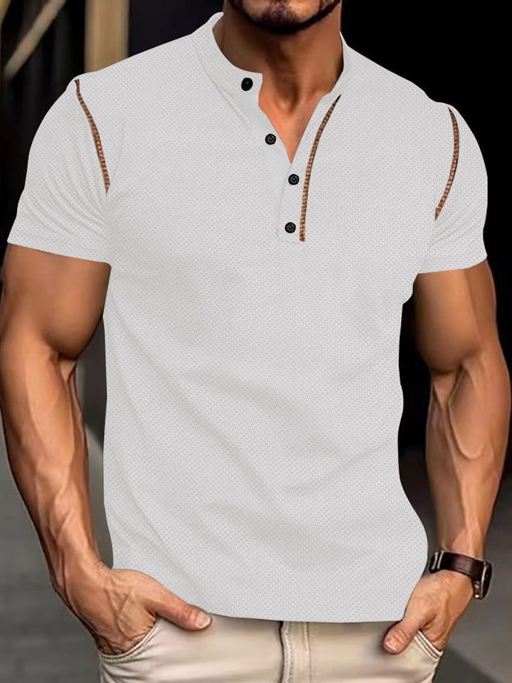 Men's tapered structured polo shirt with stand-up collar and decorative piping StylebySassy