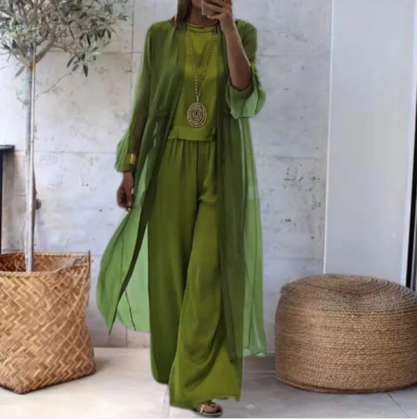 Ladies' elegant chiffon two-piece set with wide-cut palazzo pants and long kimono overlay StylebySassy