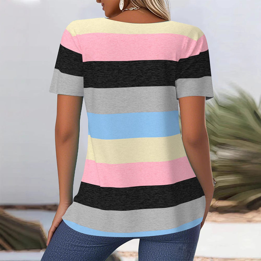 Women's striped jersey long shirt with square neckline and casual hip length StylebySassy