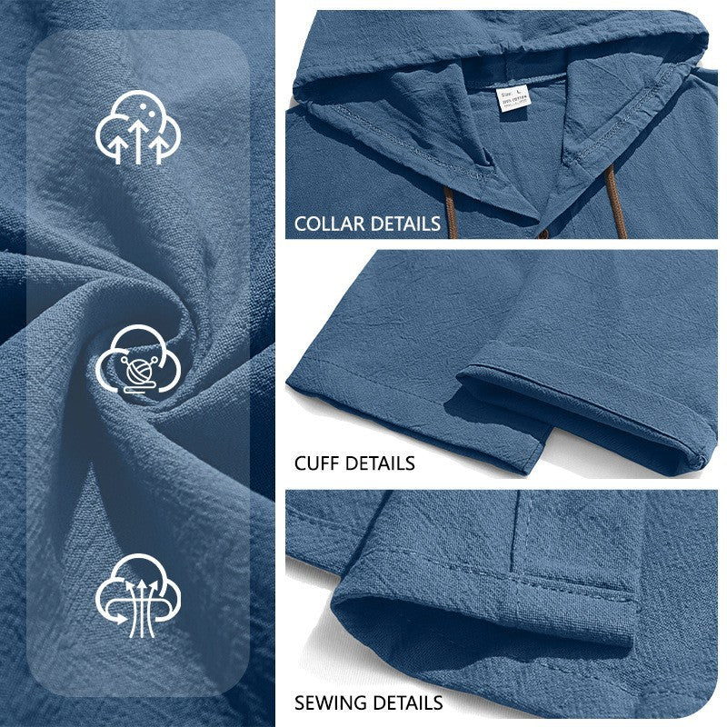 Men's textured linen blend hooded shirt with button placket, wood buttons, and side slits StylebySassy