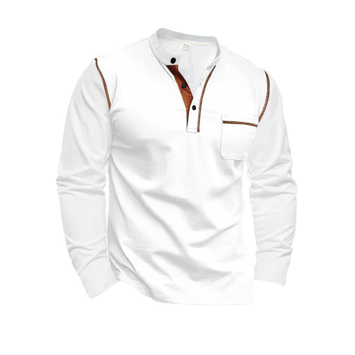 Men's long sleeve shirt with mandarin collar, chest pocket, and contrast decorative seams StylebySassy