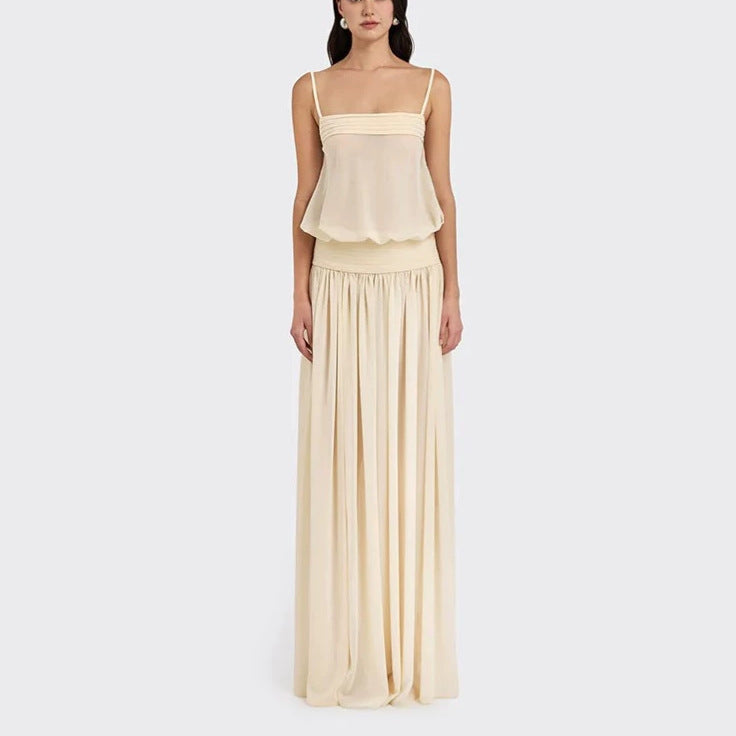 Women's maxi dress with flowing chiffon top and elastic waistband