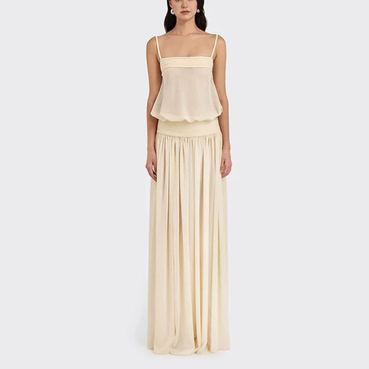 Women's maxi dress with flowing chiffon top and elastic waistband