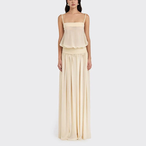 Women's maxi dress with flowing chiffon top and elastic waistband