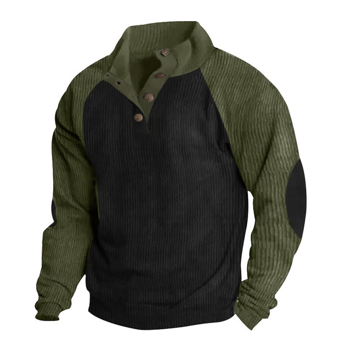 Men's corduroy half-button pullover with high collar, raglan sleeves and elbow patches StylebySassy