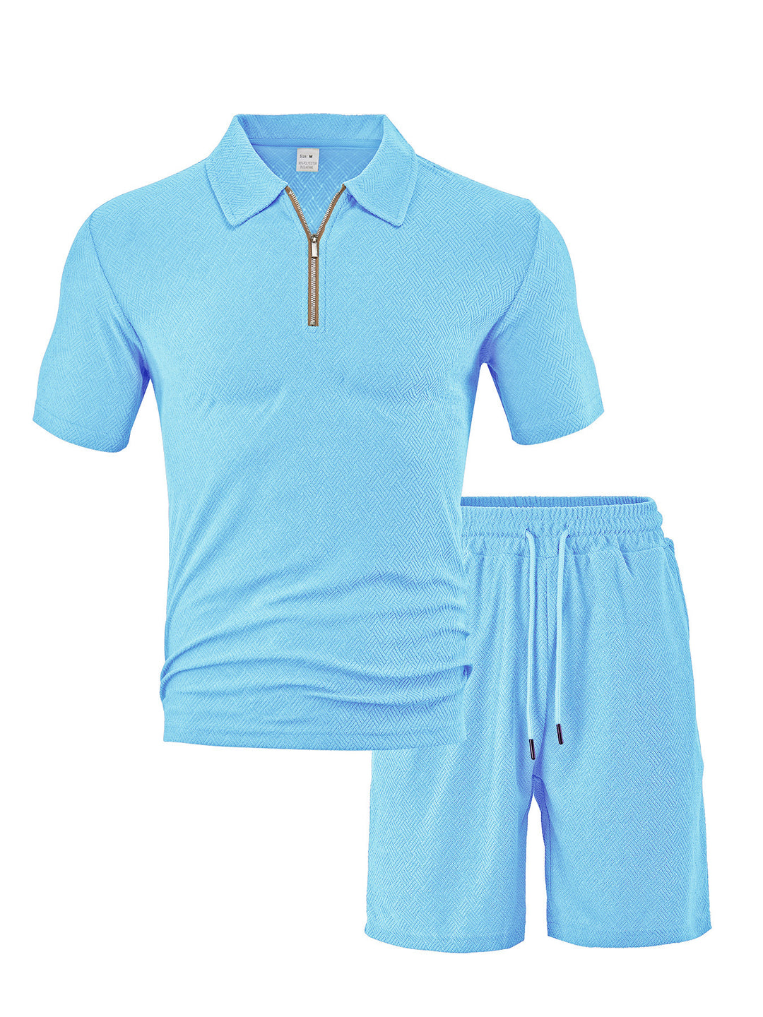 Men's comfortable short sleeve half zip set with polo collar and elastic cord pants made of textured knit StylebySassy