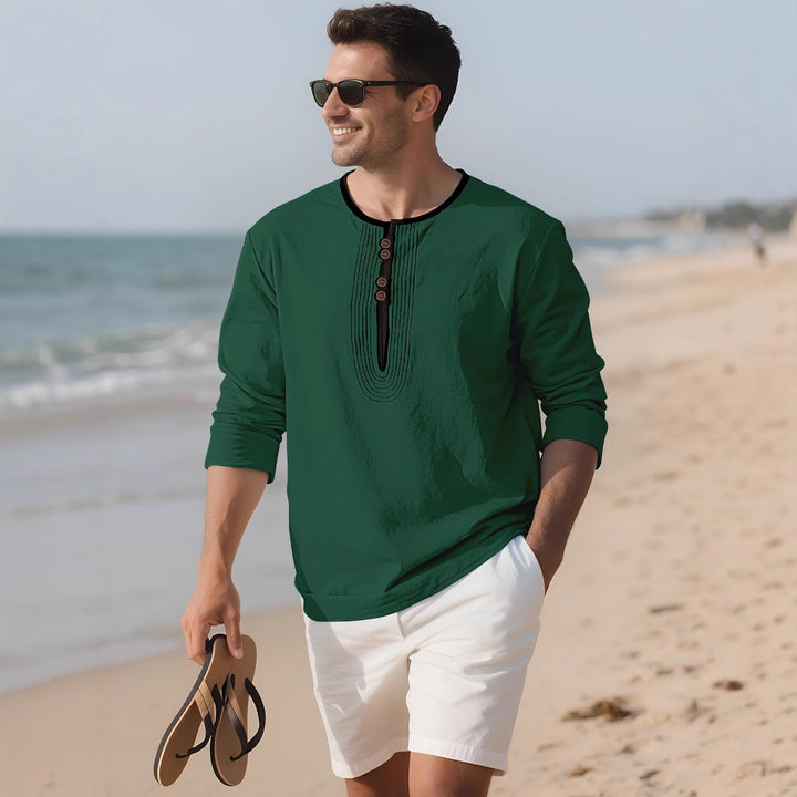 Men's loosely cut long sleeve kurta top with decorative pleats and wooden button placket StylebySassy