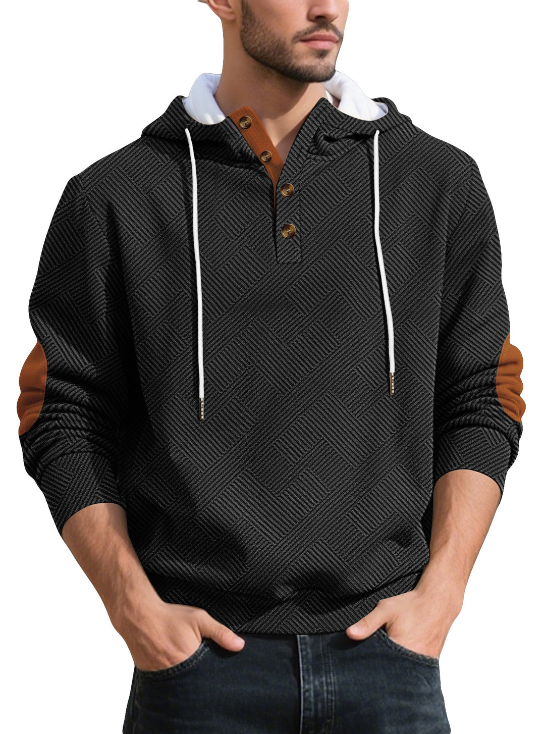Men's structured hoodie henley pullover with jacquard texture, button placket, and elbow patches StylebySassy