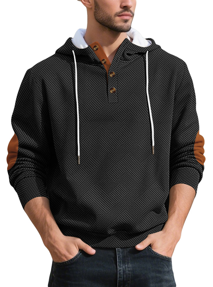 Men's structured hoodie henley pullover with jacquard texture, button placket, and elbow patches StylebySassy