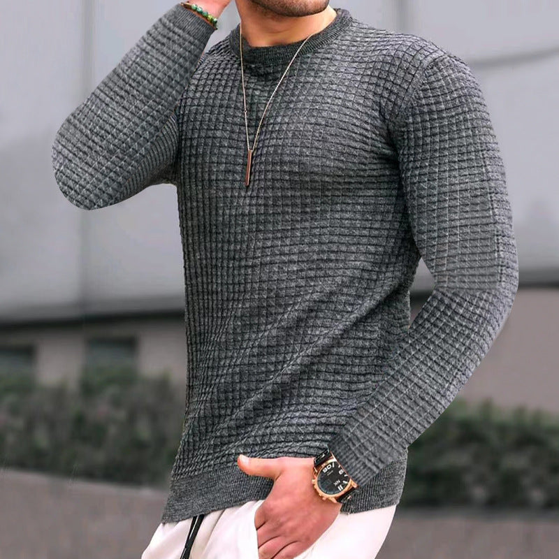 Men's fitted waffle round neck sweater made of fine knit with ribbed cuffs StylebySassy