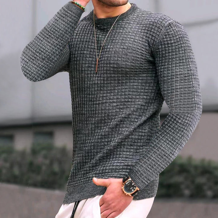 Men's fitted waffle round neck sweater made of fine knit with ribbed cuffs StylebySassy