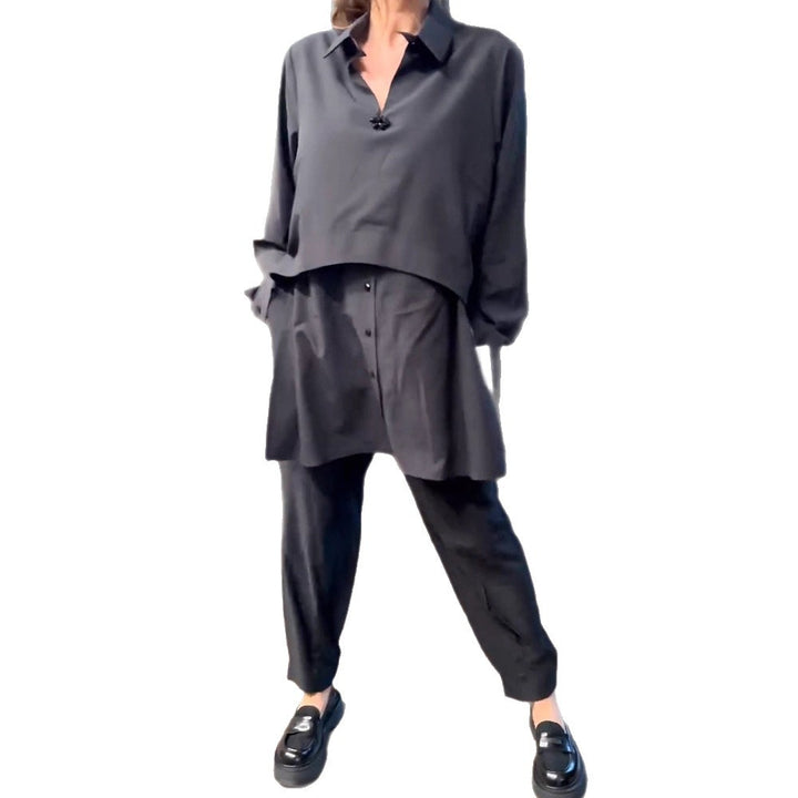 Women's Urban Layered Shirt Set with Overlapping Short Overlay and Tapered Pleated Trousers StylebySassy