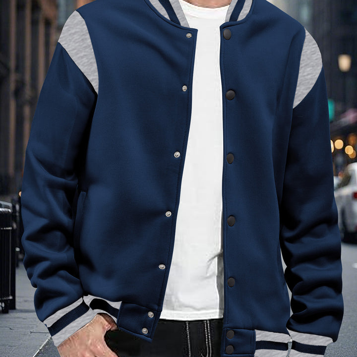 Men's light baseball jacket in sweat quality with snap button placket, ribbed collar and contrasting shoulder yoke StylebySassy